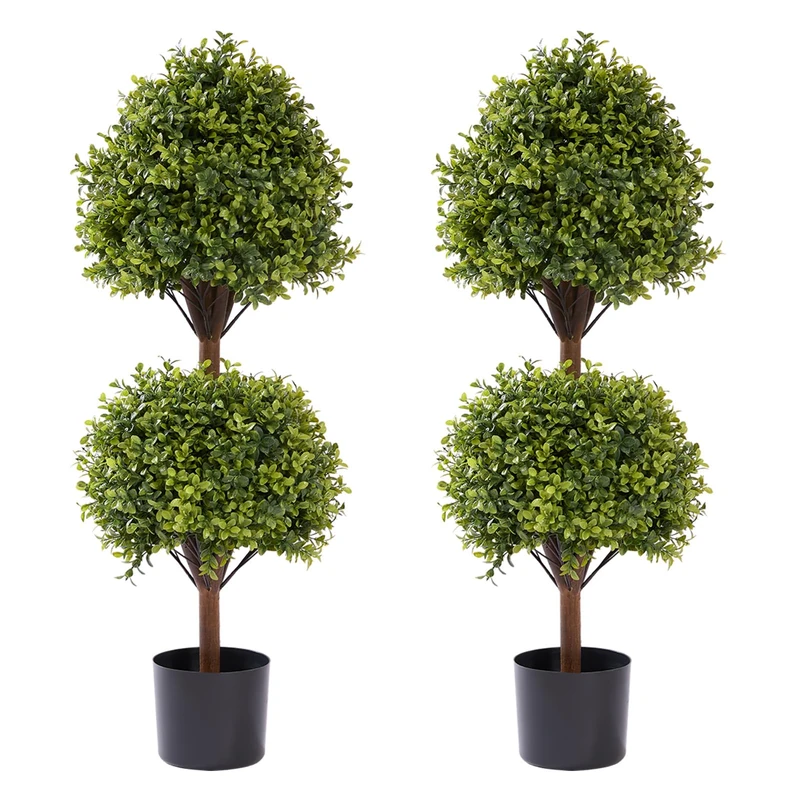 THE BLOOM TIMES 44 Inch Artificial Topiary Double Ball Boxwood Tree, Set of 2 Fake Potted Plants Faux Bushes & Shrubs Plants for Outdoor Planter Front Proch Decor