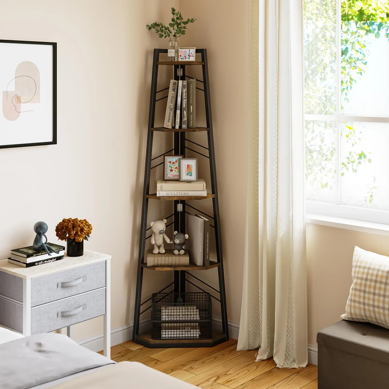 YITAHOME Corner Shelf, 5 Tier Ladder Shelf, Industrial Corner Bookshelf, Floorstanding Shelving Unit, Wooden Open Bookcase for Living Room, Hallway, Bedroom, Home Office, Rustic Brown Bookshelves