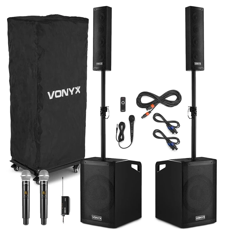 Vonyx VX1050BT Column PA System for Singer, Vocalist & Events – 1150W Active Speaker with Dual Wireless Microphone, Bluetooth, UHF Mic, 2x 12-Inch Subwoofers