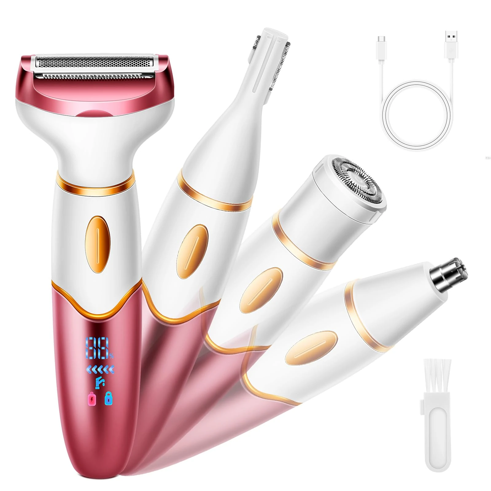 4-in-1 Multifunctional Electric Shaver for Women, Waterproof Rechargeable Bikini Trimmer Lady Shavers for Women Portable Wet & Dry Cordless Electric Razor for Body, Eyebrow,Armpits,Nose and Face