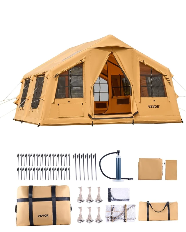 VEVOR Inflatable Tents for Camping, 8-12 Person Easy Setup Blow up Tent with Hand Pump, 4 Season Luxury Glamping Tent with 2 Skylights, Canopy, Stove Jack, 2 Doors & Mesh Windows (Include Storage Bag)