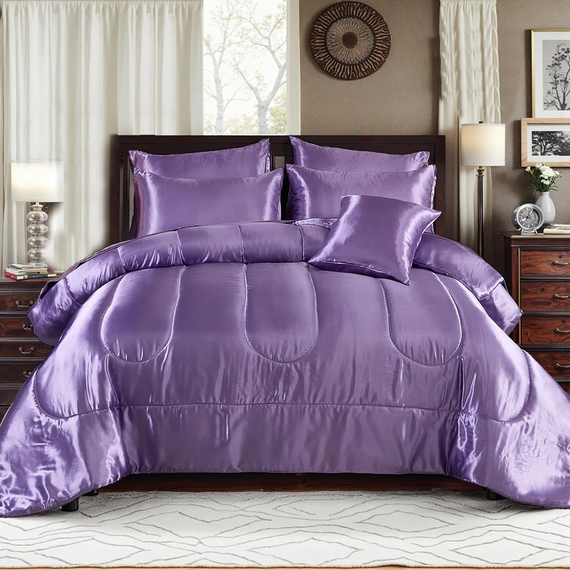Bedding_Dreamer Satin Comforter with Purple Sheet Set Queen Size 8 Pcs Silk Like Bedding Silky Bed-in-a-Bag Luxury Hotel Soft Comforter Set with 1 Cushion Cover Bed Set