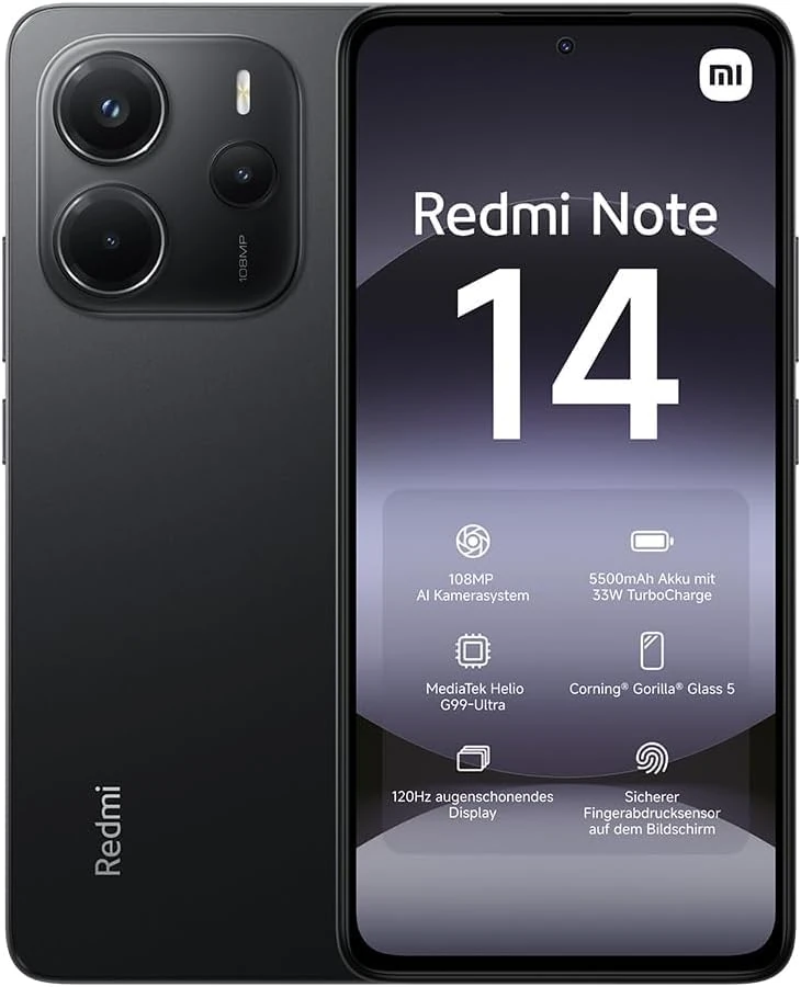 xiaomi Redmi Note 14 smartphone, 8+256GB, black, 108MP AI camera system, 5500mAh battery, 120Hz eye-care display, AI features (no charger included), 2 year Warranty