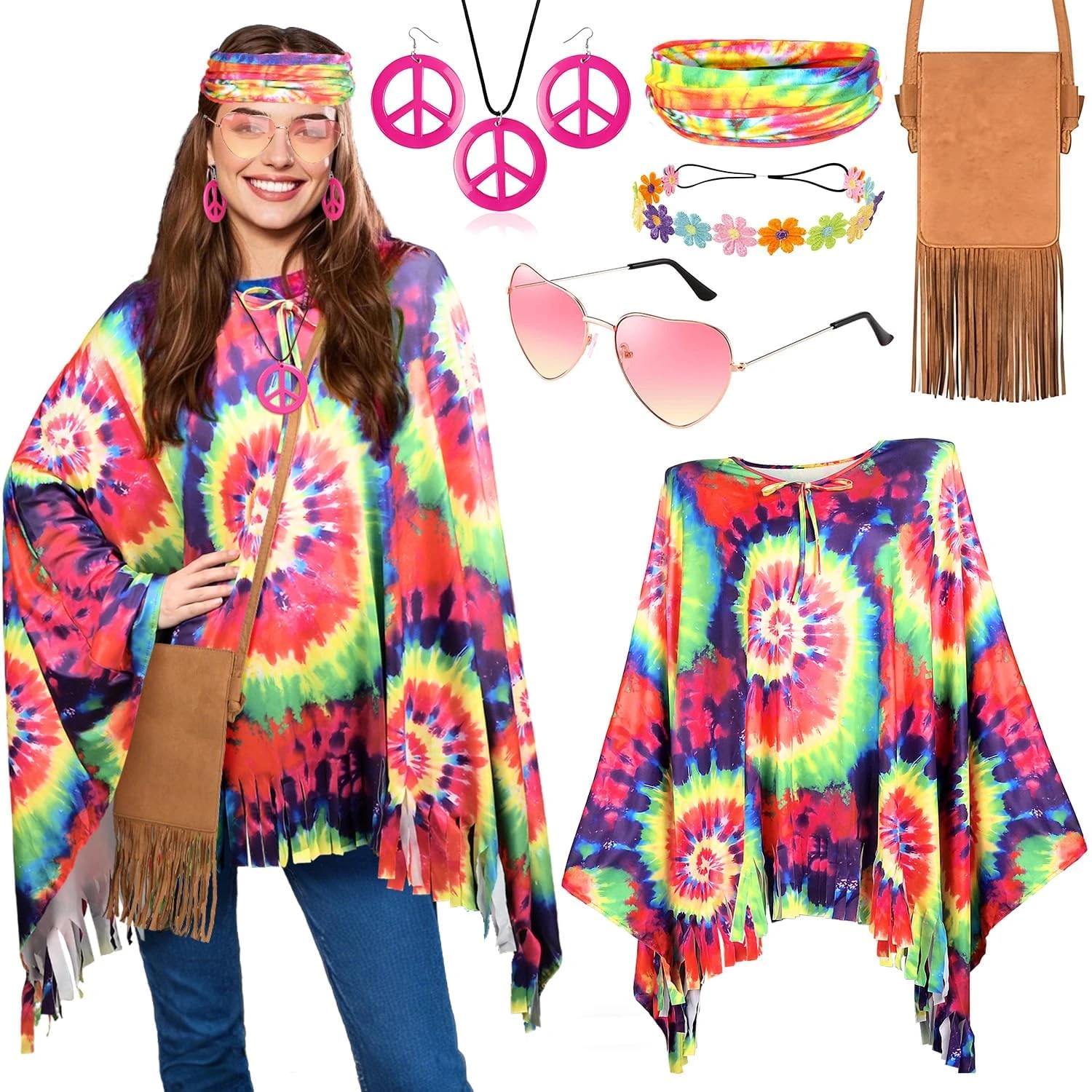 iZoeL 70s Hippie Costumes Women Hippie Clothes Teen Girls Boho 70s Costume 80s Accessories 60s Retro Festival Outfit - Top Bag Sunglasses Peace Necklace Headband- Retro Disco Fancy Dress