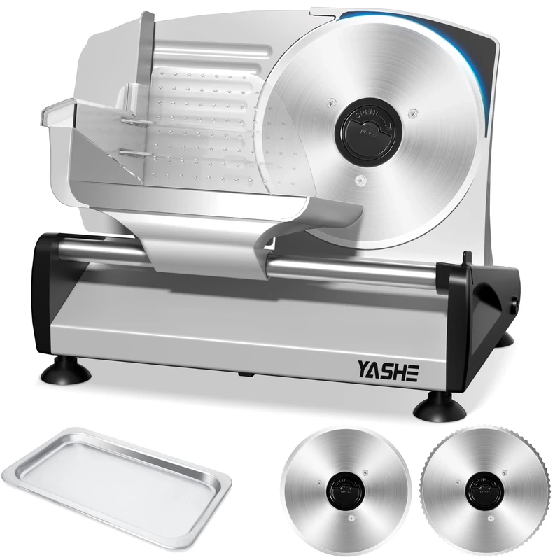 YASHE Meat Slicer with Quiet DC Motor, 200W Electric Deli Slicer, Removable Dual 19CM Stainless Steel Blades and Food Carriage, Child Lock Protection, 0-15mm Adjustable Thickness for Meat Cheese Bread