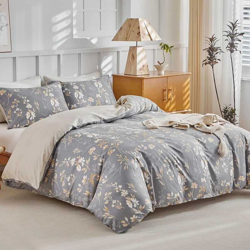 Tokokimo Bed Linen 220 x 240 cm 3-Piece - Bedding Sets with 2 Pillowcases with Zip 80 x 80 cm - Floral Branch Pattern Microfibre Duvet Cover for Double Beds with Zip, Grey Brown
