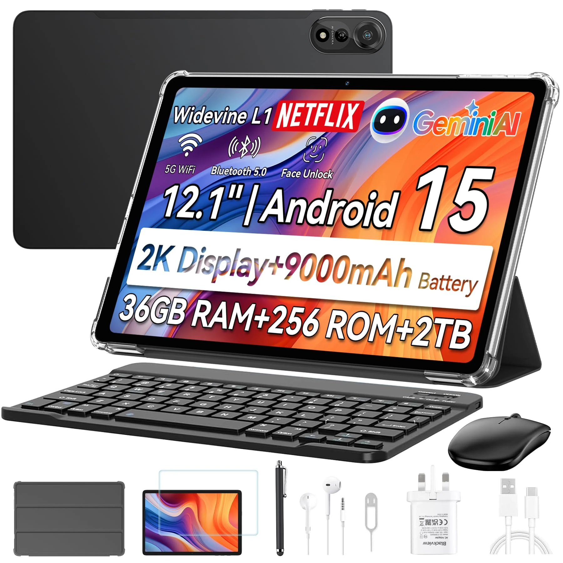 Blackview 12 inch Tablet with SIM Card Slot, Android 15 Gaming Tablet Keyboard and Pen, 36GB + 256GB(2TB), 2.4K 120Hz FHD+ IPS Display, 9000mAh/33W, 4G LTE, 5G WiFi, GPS | MEGA 2 Set