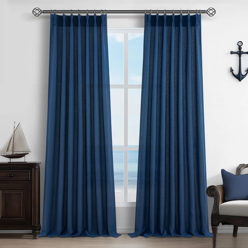 Navy Extra Long Light Filtering Sheer Curtains 108 Inches Long for Living Room 2 Panels with Ceiling Track, Textured Linen Pleated Curtains & Drapes 108 Inch Length Dinning Room Lush Decor Dark Blue