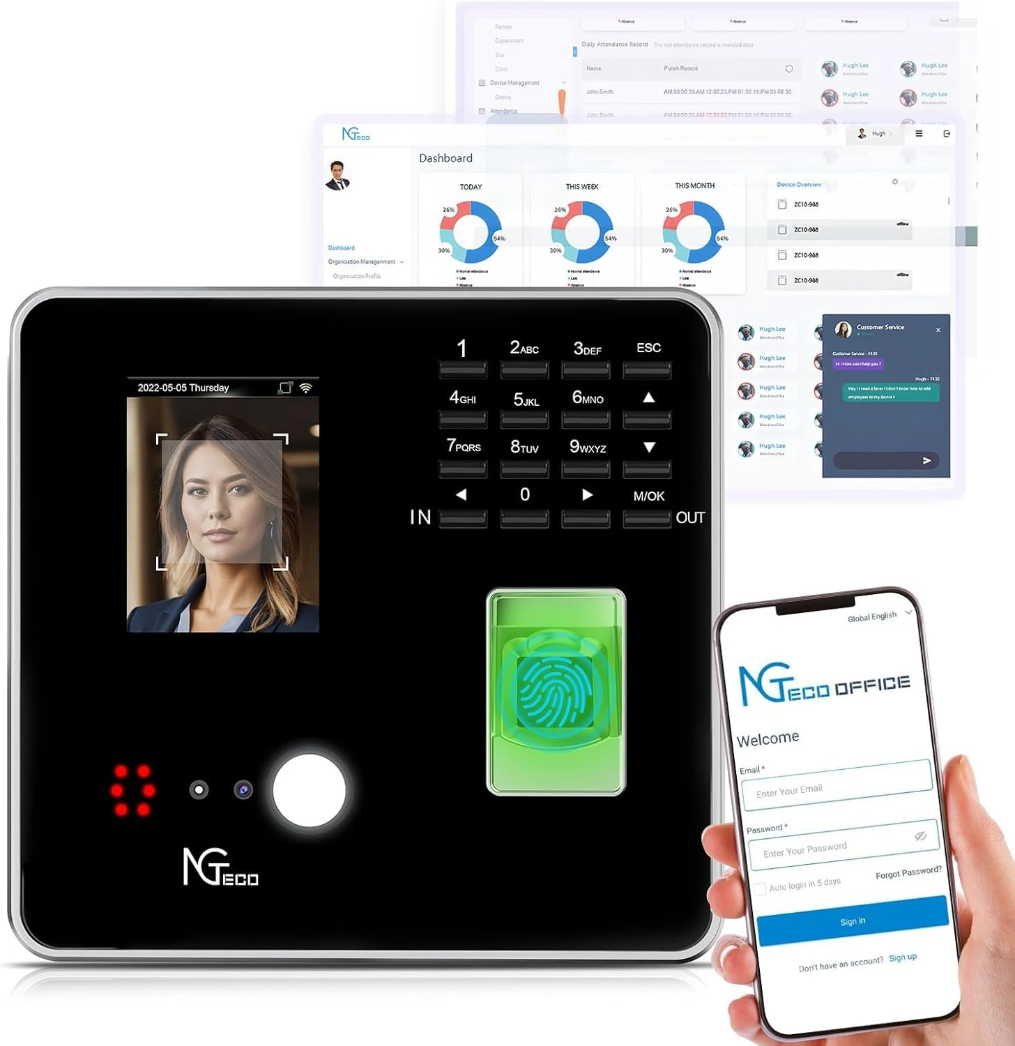 NGTeco TC1 Cloud Clocking in Machine for Employees, Attendance Machine Time Recorder, Time Clock with 5 RFID Cards