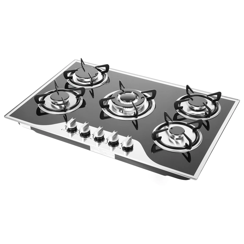 5 Burner Gas Hob, 3kW Wok Burner, 63% Energy Efficiency, 180° Flame Control, Built-in/Top Mount, Electronic Ignition, 77x51x6.6cm
