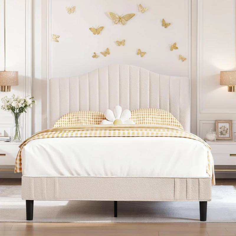 VECELO Double Bed Frame, 4ft6 Upholstered Platform with Adjustable Teddy Fabric Headboard, Strong Wood Slats, 20cm Under-Bed Storage, Noise-Free, No Box Spring Needed, Beige