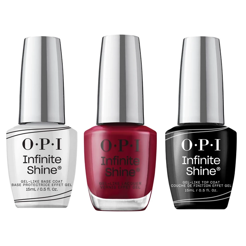 OPI Infinite Shine Long-wear Nail Polish, Gel-Like Nail Varnish with no UV lamp needed, 3-Step System for up to 11 days of vibrant colour, Base Coat & Nail Polish & Top Coat, Malaga Wine, 3x 15ml