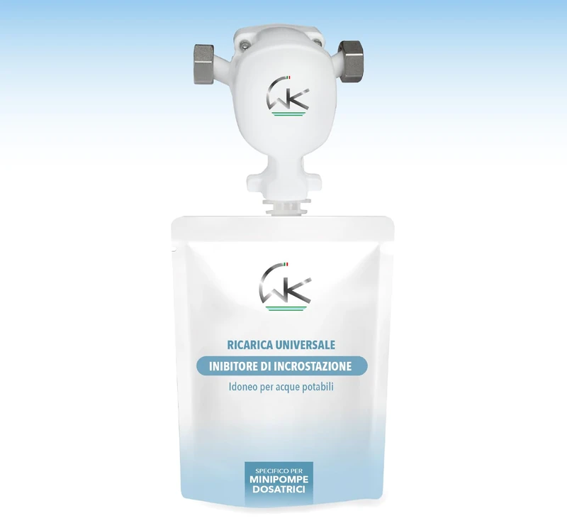 WK – Mini Polyphosphate Dosing Pump for Boilers with Rotatable In-Line Connections, Acts as an Anti-Limescale and Anti-Corrosion Pump for Boilers and Sanitary Thermos, Including 1 Refill