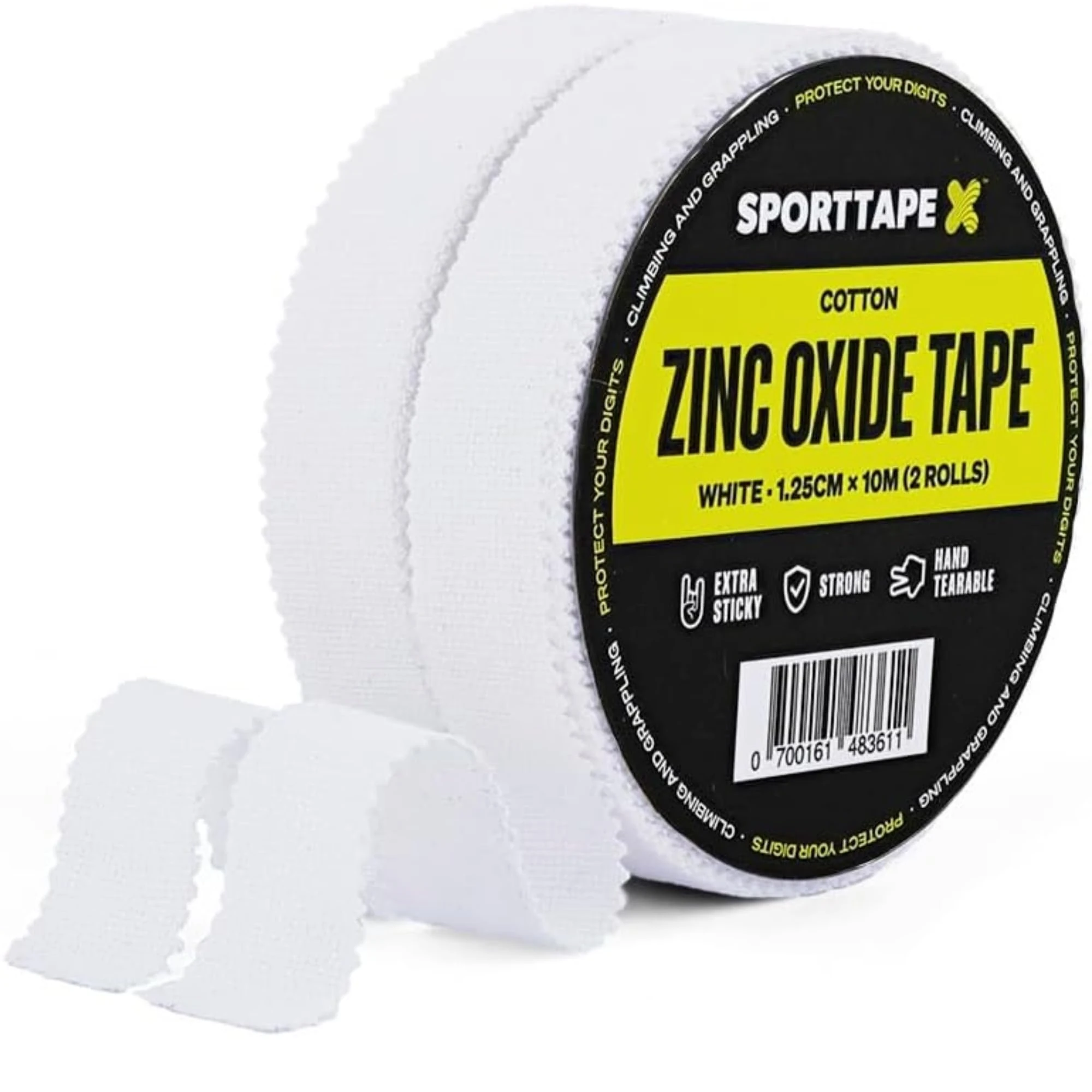 SPORTTAPE 2 Rolls Zinc Oxide Finger Tape - 1.25cm x 10m - White | Sports Tape for Climbing, BJJ, Rugby, Weightlifting & Injury Strapping | Strong Adhesive Athletic Joint Support, Blisters & Grip