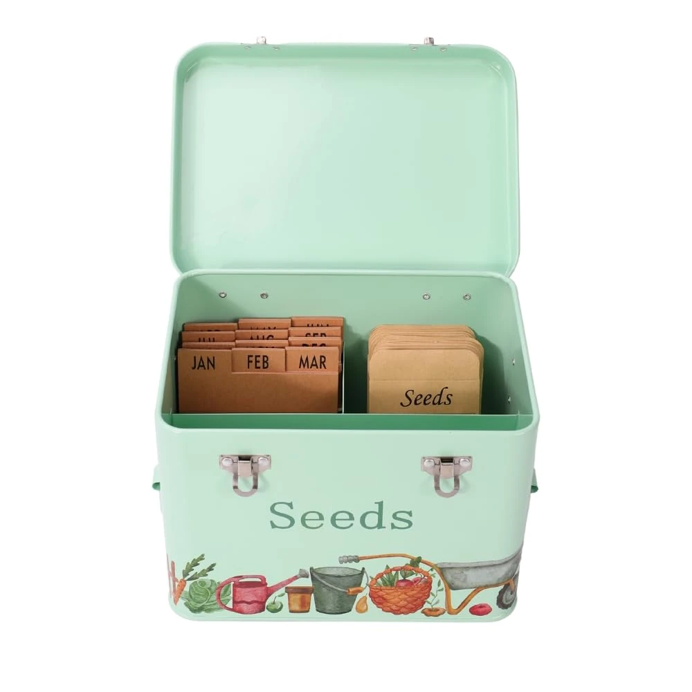 Gardening Naturally Metal Garden Seed Storage Box with Monthly Dividers and 12 Seed Envelopes, 22.5 x 16.2 x 17 cm (Mint Green)