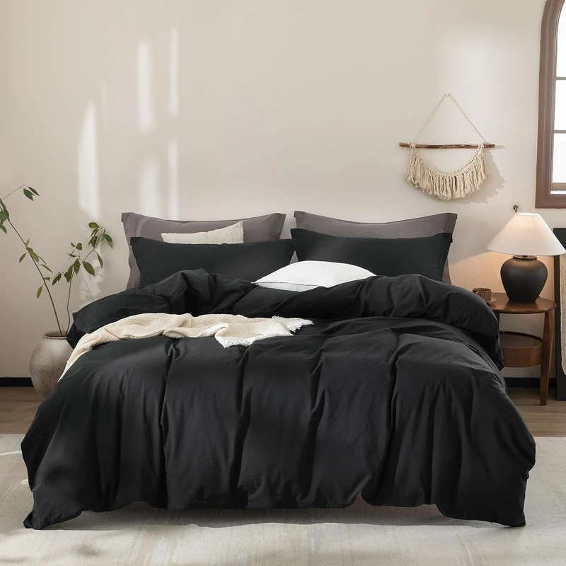 Warm Moment Black Duvet Cover Full Size 100% Washed Cotton Bedding Set Cover 1 Duvet Cover with Zipper Closure and 2 Pillowcases, 90inch x 80inch