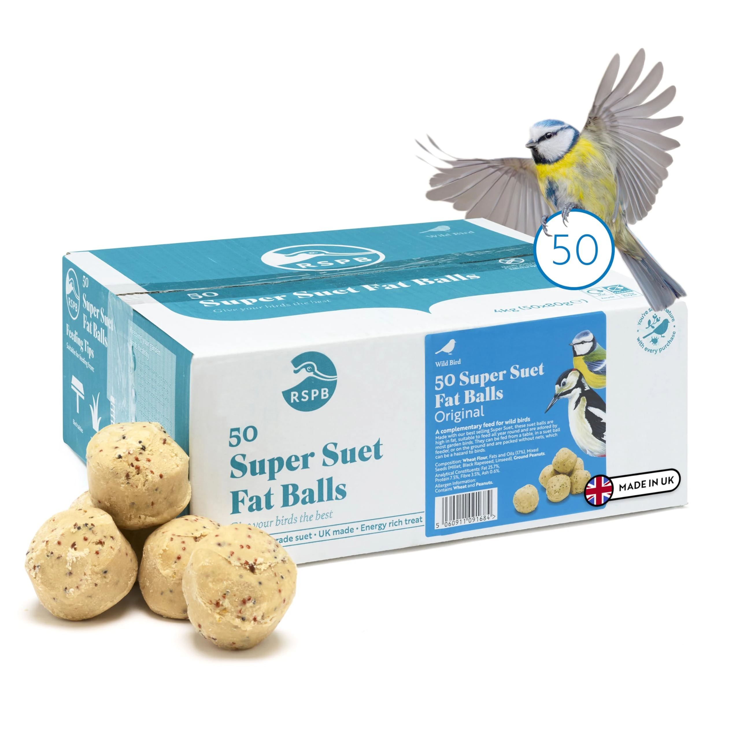 RSPB - Fat Balls for Wild Birds, High Energy Suet Balls, Made in the UK, Delicious and Nutritious Bird Food, Suitable for Year-Round Feeding (Box of 50)