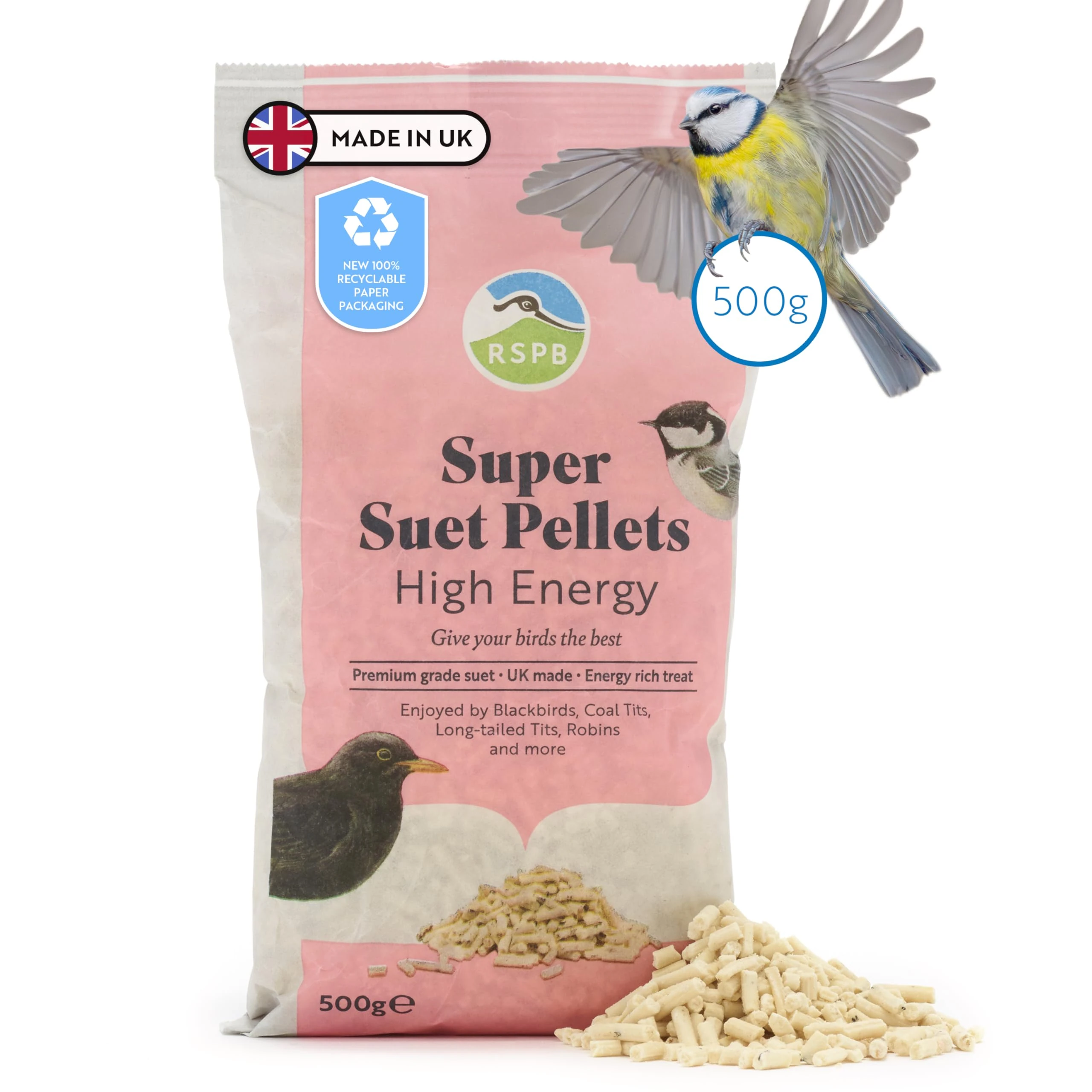 RSPB - Suet Pellets, Wild Bird Food for Small Birds, High Energy Food with Elderberries, Nyjer Seeds, and Sunflower Hearts, Made in the UK, Recyclable Packaging (High Energy) (500g)