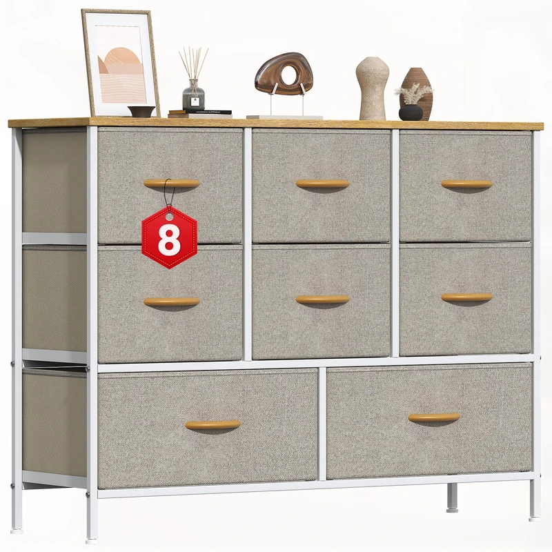 GoaHi Chest of Drawers, Large Dressers with Metal Frame and MDF Wooden Top Board, Adjustable Feet, Anti-Tip Safety, Storage Unit with 8 Drawers for Bedroom, Living Room, Closet, Office Beige