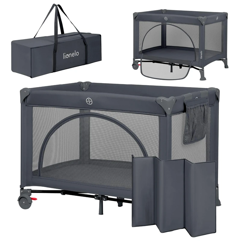 Lionelo Laura Compact 2-in-1 Travel Cot & Playpen with Side Door, 2 Adjustable Mattress Levels, Foam Mattress, Wheels with Brakes & Carry Bag – Lightweight Folding Baby Bed from Birth to 3 Years