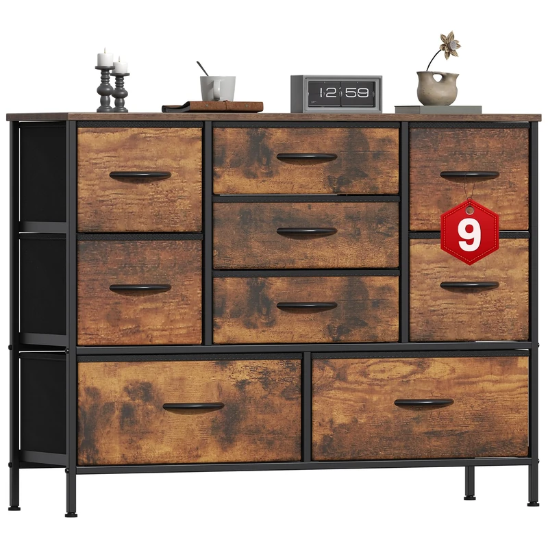 GoaHi Chest of Drawers, Large Dressers with Metal Frame and MDF Wooden Top Board, Adjustable Feet, Anti-Tip Safety, Storage Unit with 9 Drawers for Bedroom, Living Room, Closet, Office