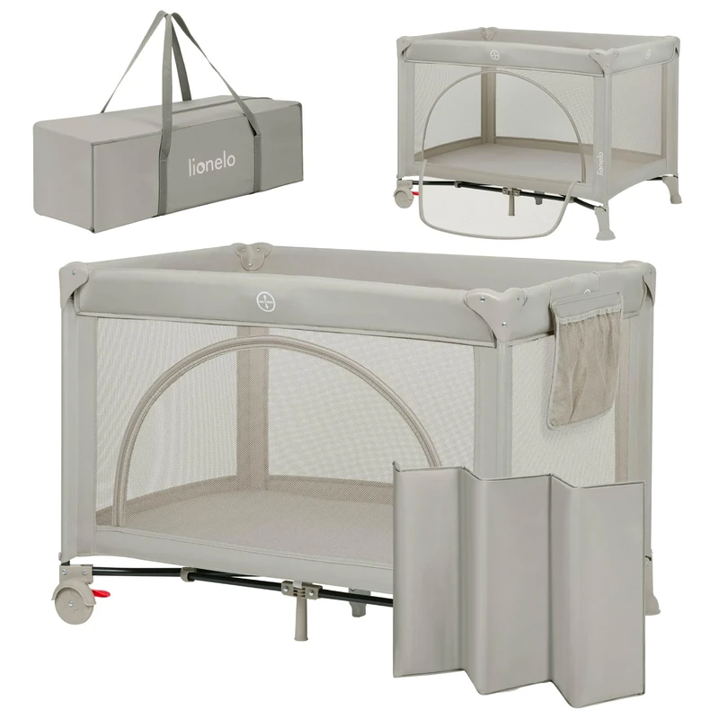 Lionelo Laura Compact 2-in-1 Travel Cot & Playpen with Side Door, 2 Adjustable Mattress Levels, Foam Mattress, Wheels with Brakes & Carry Bag – Lightweight Folding Baby Bed from Birth to 3 Years