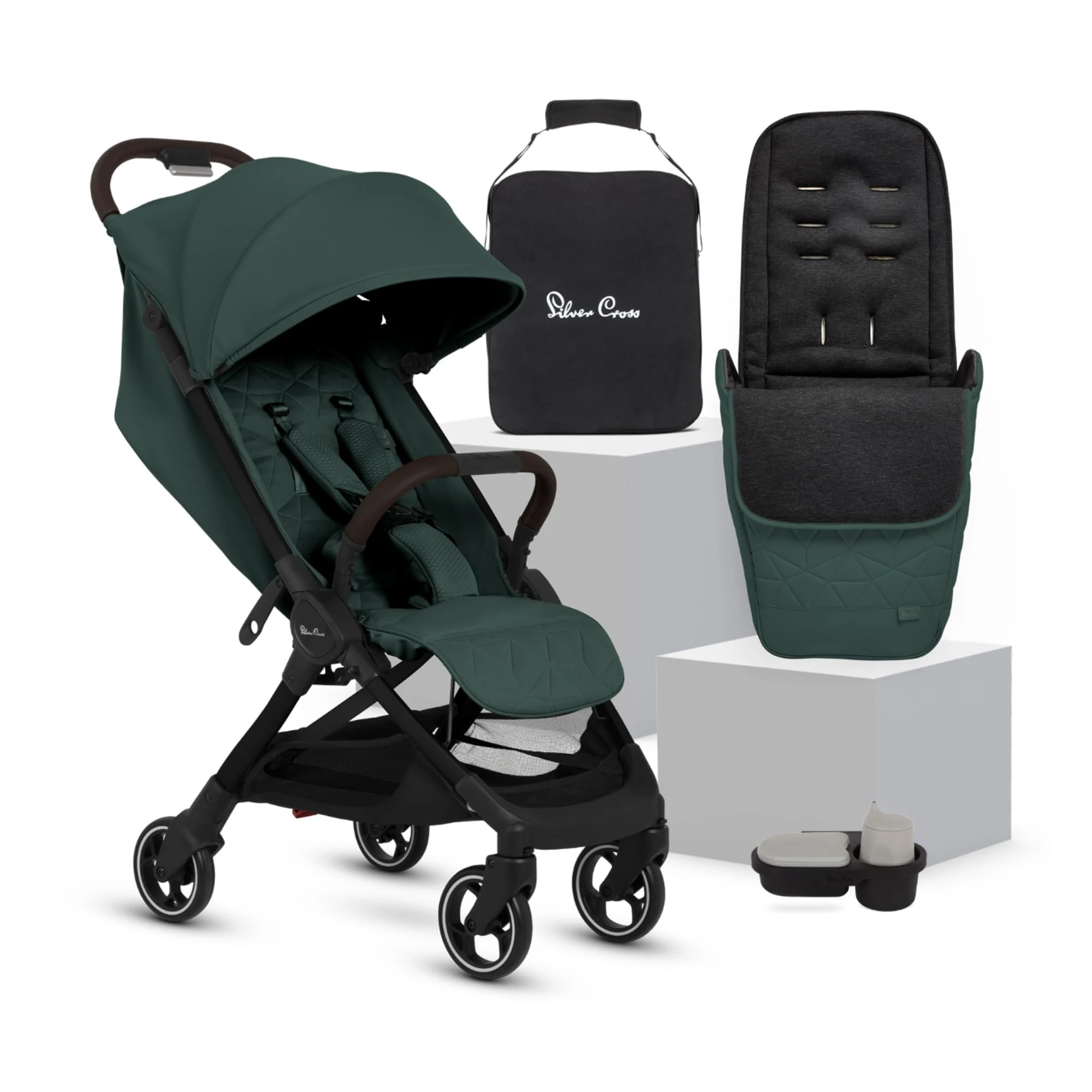 Silver Cross - Clic 2 Compact Stroller, Travel Bag, Footmuff & Snack Tray - Travel Stroller for Life On The Go - Foldable & Lightweight - Suitable from Birth to 4 Years - Conifer