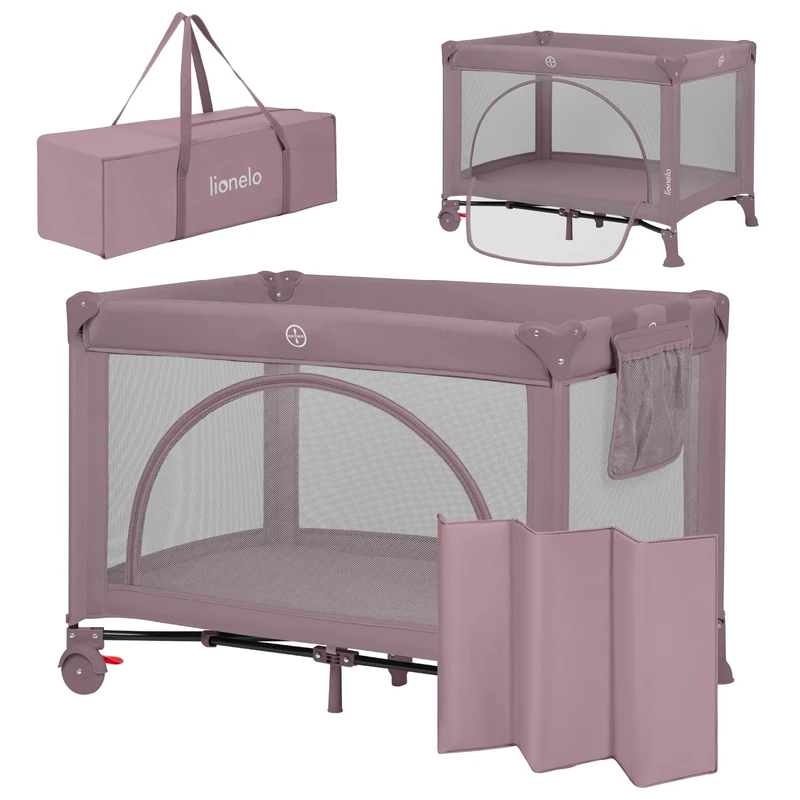 Lionelo Laura Compact 2-in-1 Travel Cot & Playpen with Side Door, 2 Adjustable Mattress Levels, Foam Mattress, Wheels with Brakes & Carry Bag – Lightweight Folding Baby Bed from Birth to 3 Years