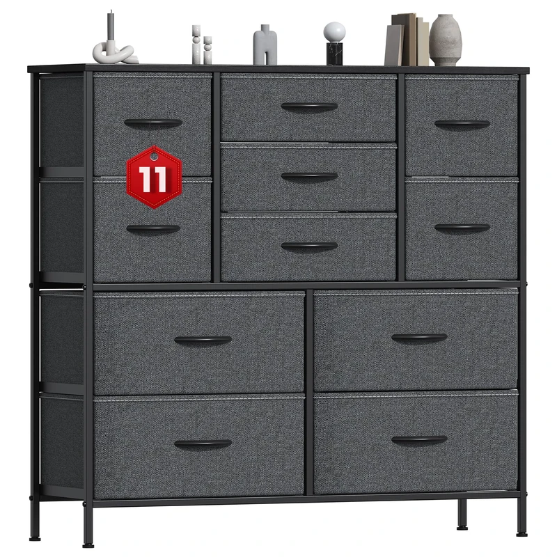 GoaHi Chest of Drawers, Large Dressers with Metal Frame and MDF Wooden Top Board, Adjustable Feet, Anti-Tip Safety, Storage Unit with 11 Drawers for Bedroom, Living Room, Closet, Office Deep Gray