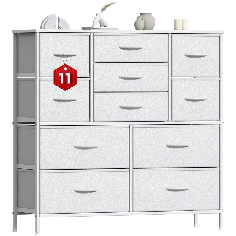 GoaHi Chest of Drawers, Large Dressers with Metal Frame and MDF Wooden Top Board, Adjustable Feet, Anti-Tip Safety, Storage Unit with 11 Drawers for Bedroom, Living Room, Closet, Office White