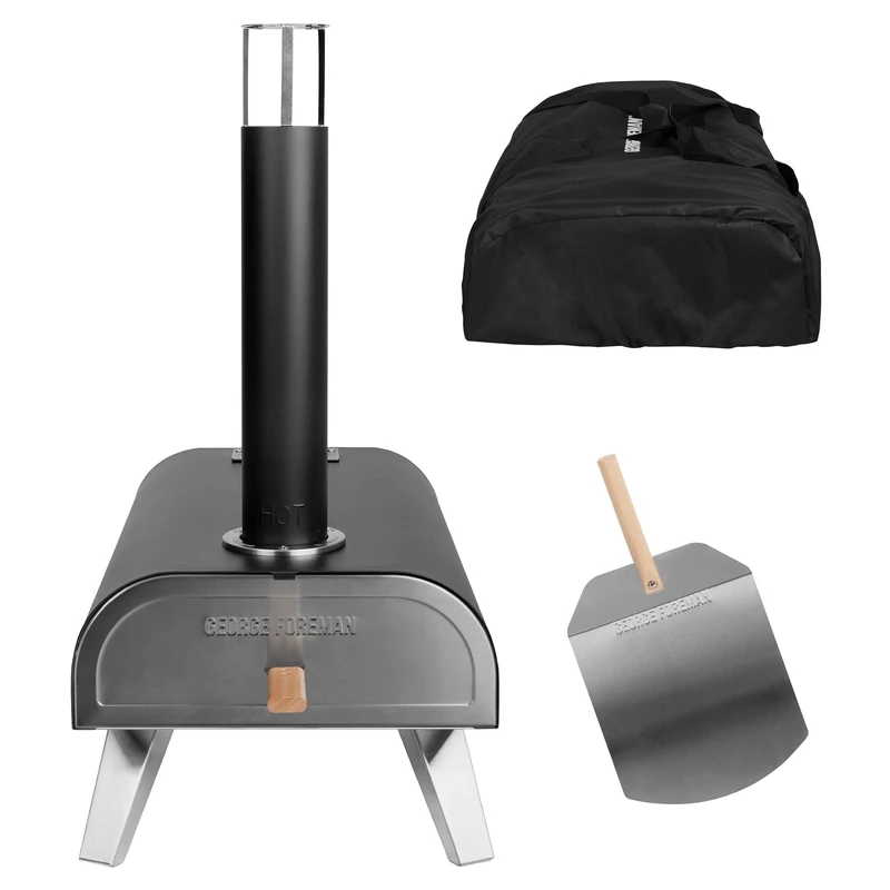 George Foreman Outdoor 12 Inch Wood Pellet Portable Wood Fired Pizza Oven Black with Paddle and Carry Bag, BBQ Oven & Smoker, Foldable Legs GFWPPO1BPC
