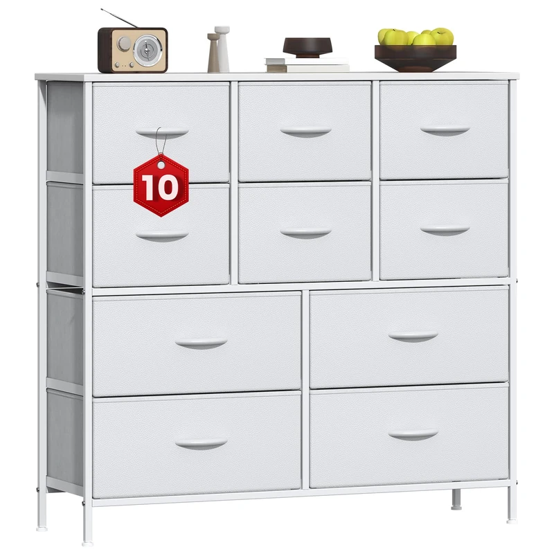 GoaHi Chest of Drawers, Large Dressers with Metal Frame and MDF Wooden Top Board, Adjustable Feet, Anti-Tip Safety, Storage Unit with 10 Drawers for Bedroom, Living Room, Closet, Office White