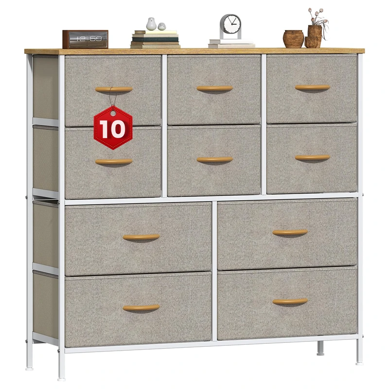 GoaHi Chest of Drawers, Large Dressers with Metal Frame and MDF Wooden Top Board, Adjustable Feet, Anti-Tip Safety, Storage Unit with 10 Drawers for Bedroom, Living Room, Closet, Office Beige
