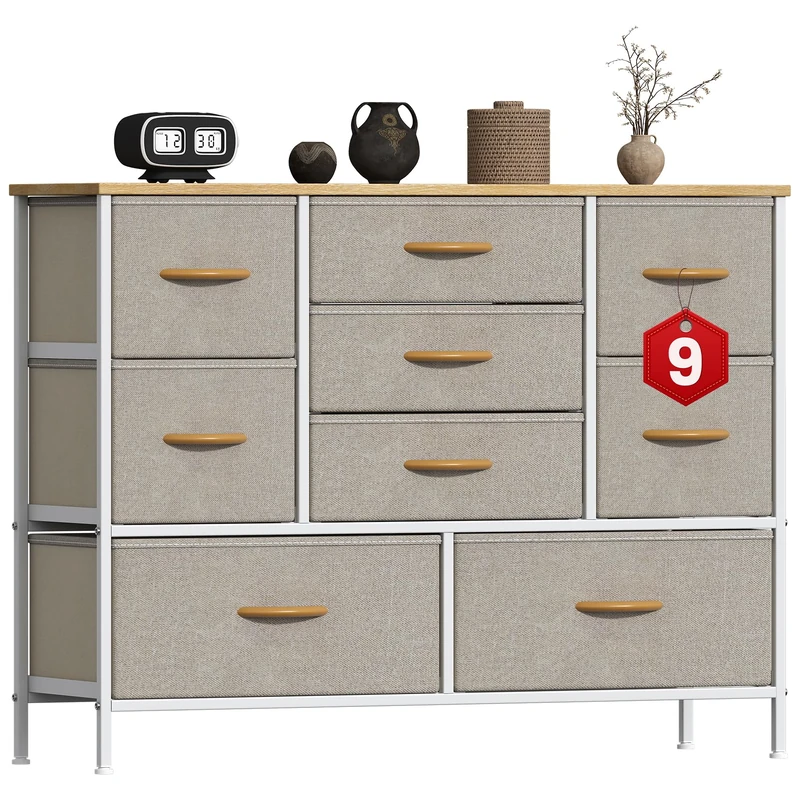 GoaHi Chest of Drawers, Large Dressers with Metal Frame and MDF Wooden Top Board, Adjustable Feet, Anti-Tip Safety, Storage Unit with 9 Drawers for Bedroom, Living Room, Closet, Office Beige