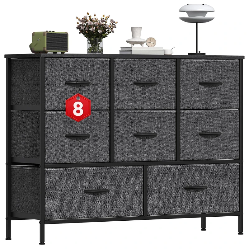GoaHi Chest of Drawers, Large Dressers with Metal Frame and MDF Wooden Top Board, Adjustable Feet, Anti-Tip Safety, Storage Unit with 8 Drawers for Bedroom, Living Room, Closet, Office Deep Gray