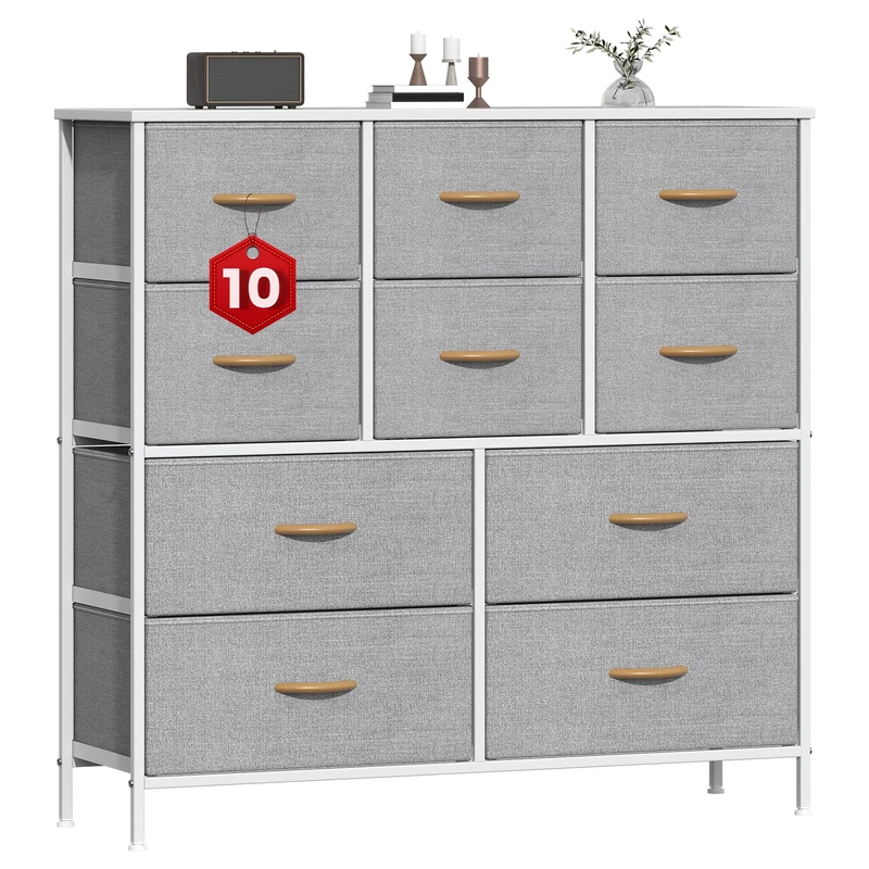 GoaHi Chest of Drawers, Large Dressers with Metal Frame and MDF Wooden Top Board, Adjustable Feet, Anti-Tip Safety, Storage Unit with 10 Drawers for Bedroom, Living Room, Closet, Office Light Gray