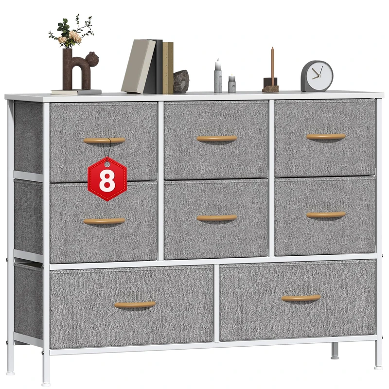 GoaHi Chest of Drawers, Large Dressers with Metal Frame and MDF Wooden Top Board, Adjustable Feet, Anti-Tip Safety, Storage Unit with 8 Drawers for Bedroom, Living Room, Closet, Office Light Gray