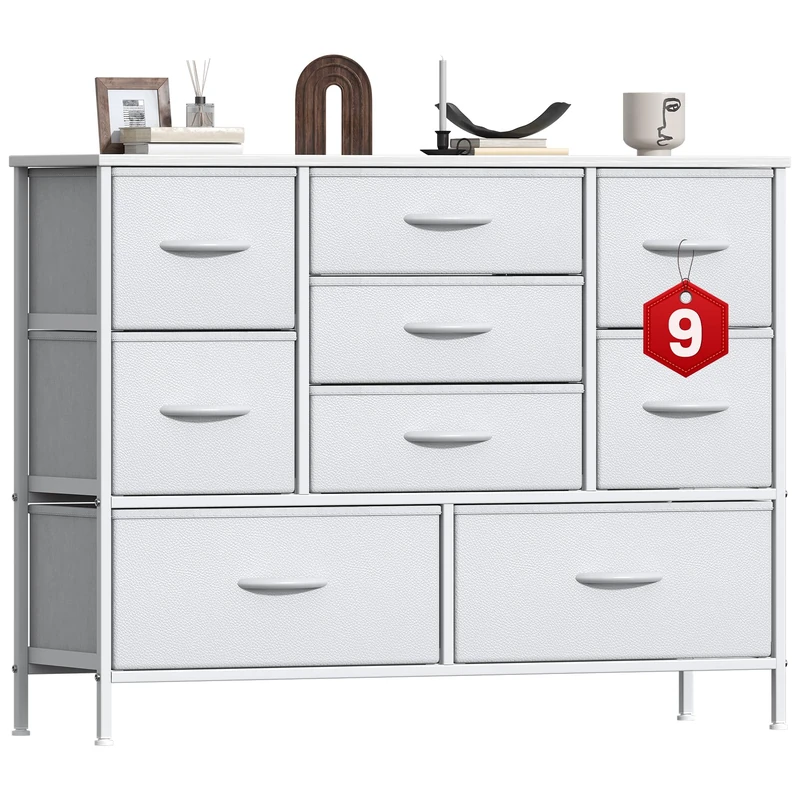 GoaHi Chest of Drawers, Large Dressers with Metal Frame and MDF Wooden Top Board, Adjustable Feet, Anti-Tip Safety, Storage Unit with 9 Drawers for Bedroom, Living Room, Closet, Office White