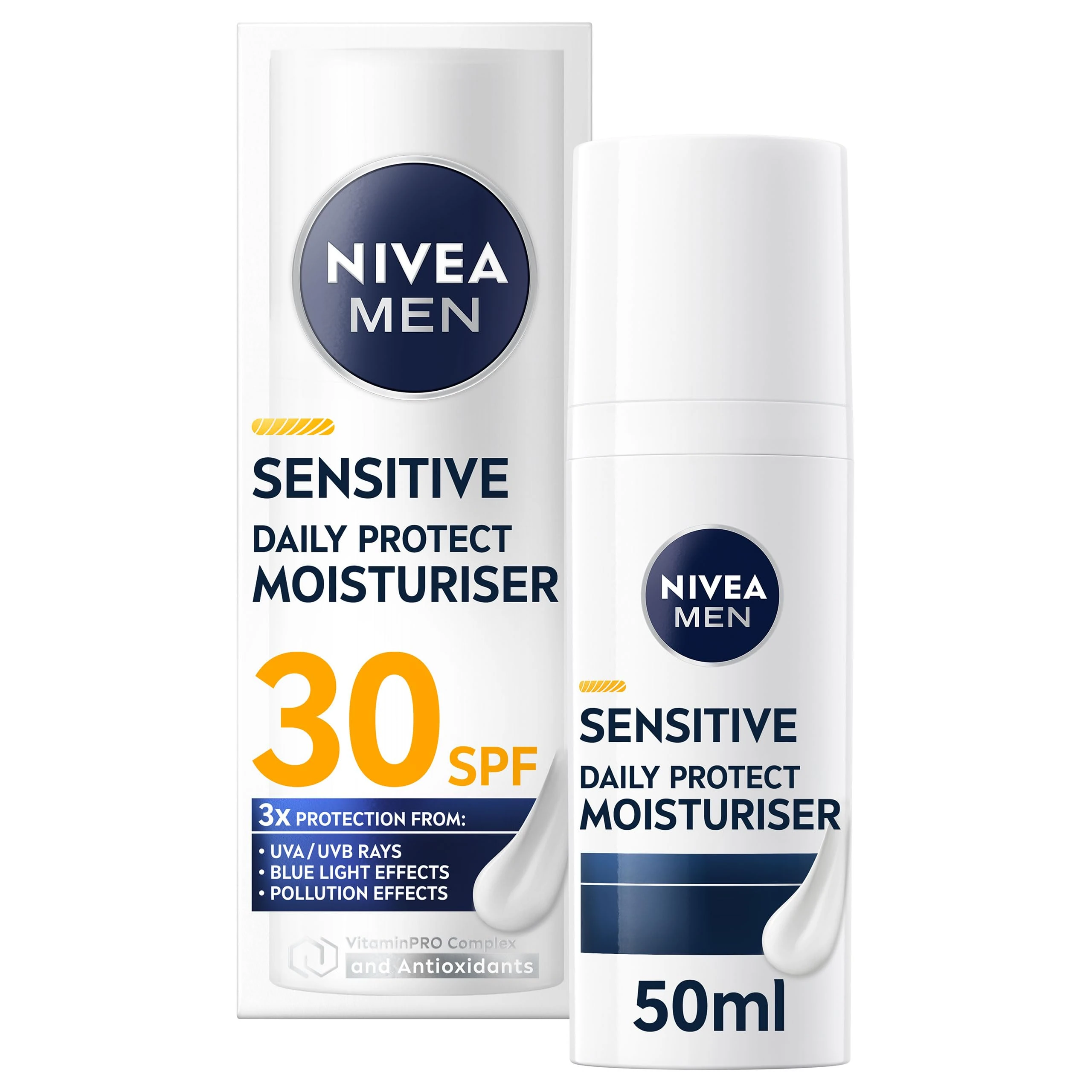 NIVEA MEN Sensitive Daily Protect Moisturiser SPF 30 (50ml), Moisturising Men's Face Cream Suitable For Sensitive Skin, Lightweight Face Moisturiser with UV Protection, Non-Greasy Formula