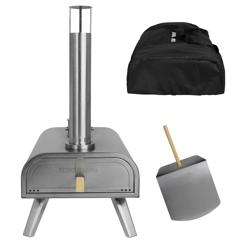 George Foreman Outdoor 16 Inch Wood Pellet Portable Wood Fired Pizza Oven Stainless Steel with Paddle and Carry Bag, BBQ Oven & Smoker, Foldable Legs GFWPPO2SSPC
