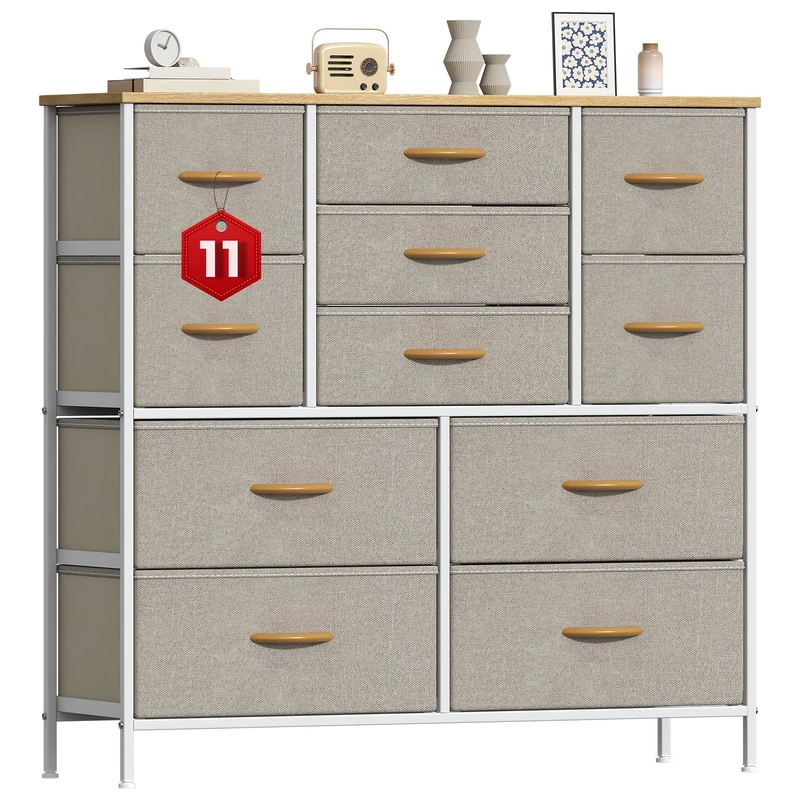 GoaHi Chest of Drawers, Large Dressers with Metal Frame and MDF Wooden Top Board, Adjustable Feet, Anti-Tip Safety, Storage Unit with 11 Drawers for Bedroom, Living Room, Closet, Office Beige