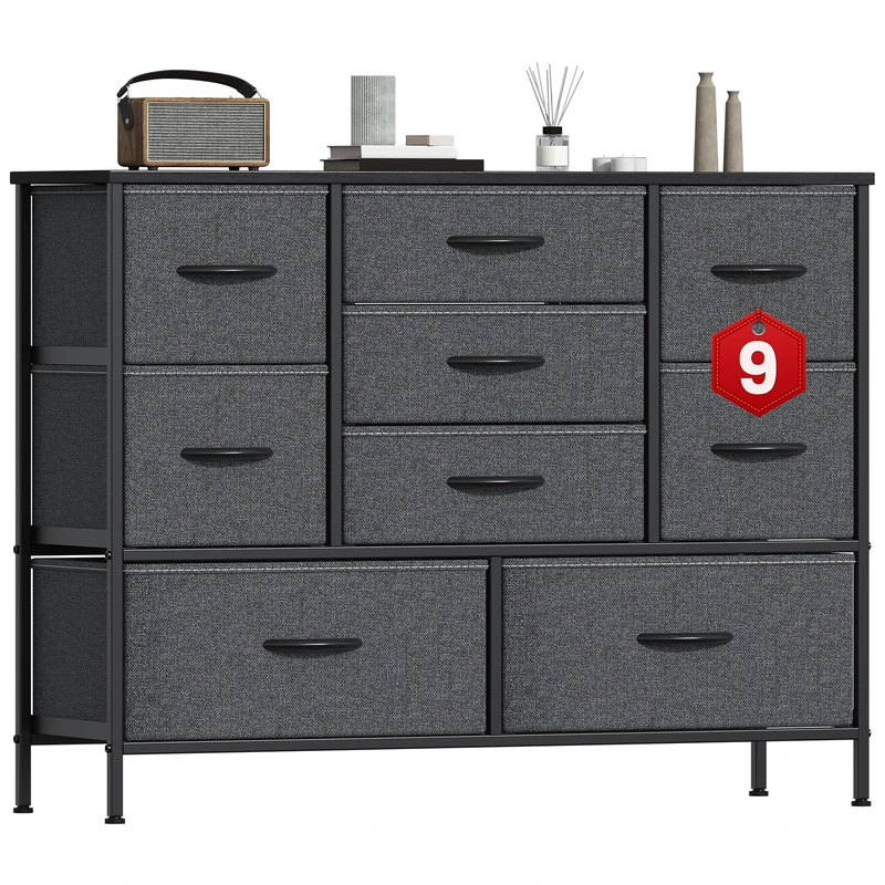 GoaHi Chest of Drawers, Large Dressers with Metal Frame and MDF Wooden Top Board, Adjustable Feet, Anti-Tip Safety, Storage Unit with 9 Drawers for Bedroom, Living Room, Closet, Office Deep Gray