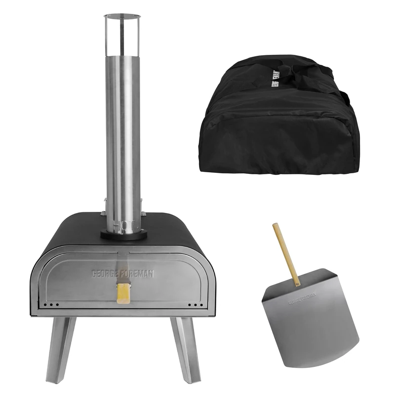 George Foreman Outdoor 16 Inch Wood Pellet Portable Wood Fired Pizza Oven Black with Paddle and Carry Bag, BBQ Oven & Smoker, Foldable Legs GFWPPO2BPC