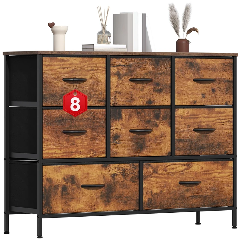 GoaHi Chest of Drawers, Large Dressers with Metal Frame and MDF Wooden Top Board, Adjustable Feet, Anti-Tip Safety, Storage Unit with 8 Drawers for Bedroom, Living Room, Closet, Office