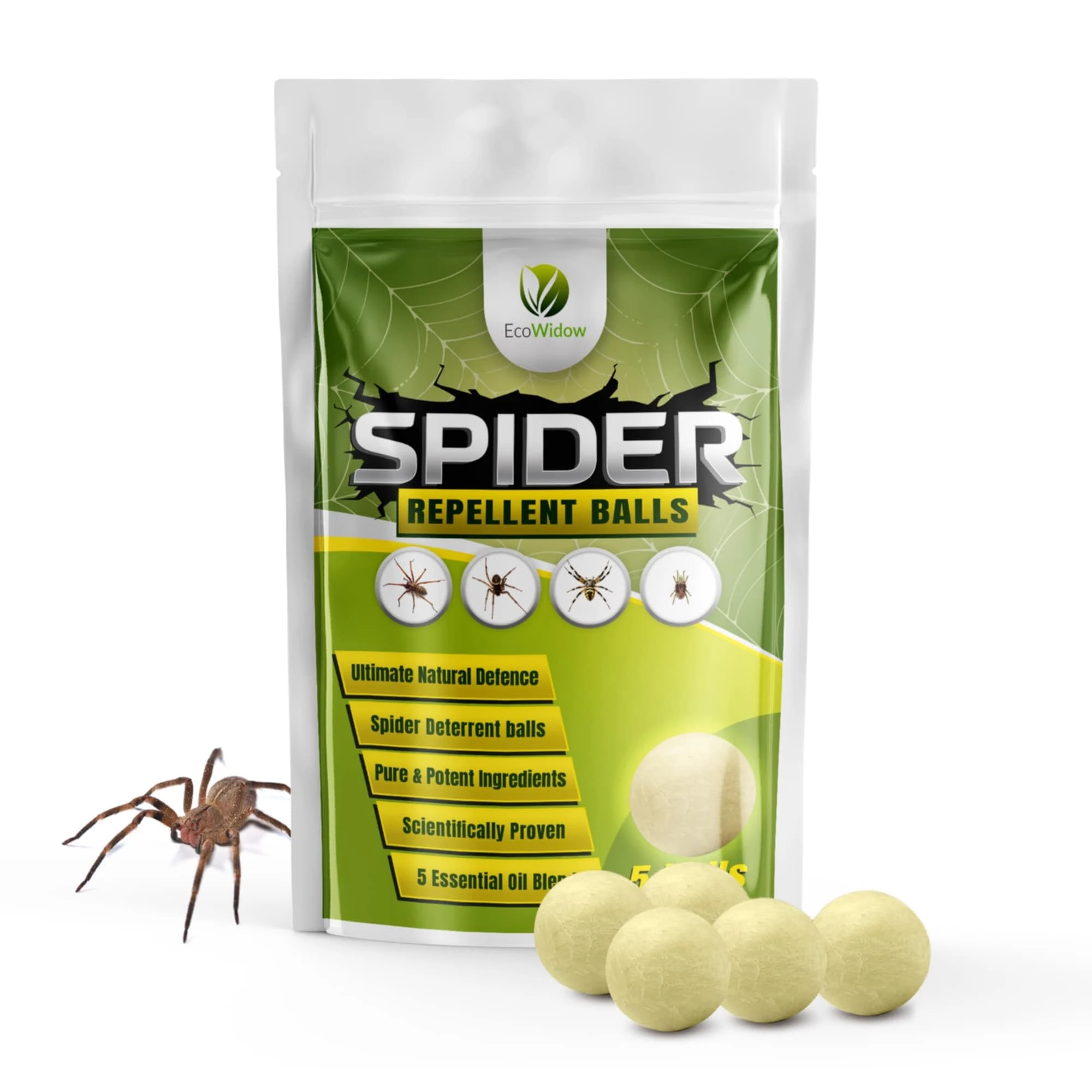 Ecowidow Spider Repellent Balls - 5 Balls Pack | Super Strength Oregano, Thyme & Mint Oil Spider Repellent, Natural Spider Deterrent, Ready to Use Spider Control