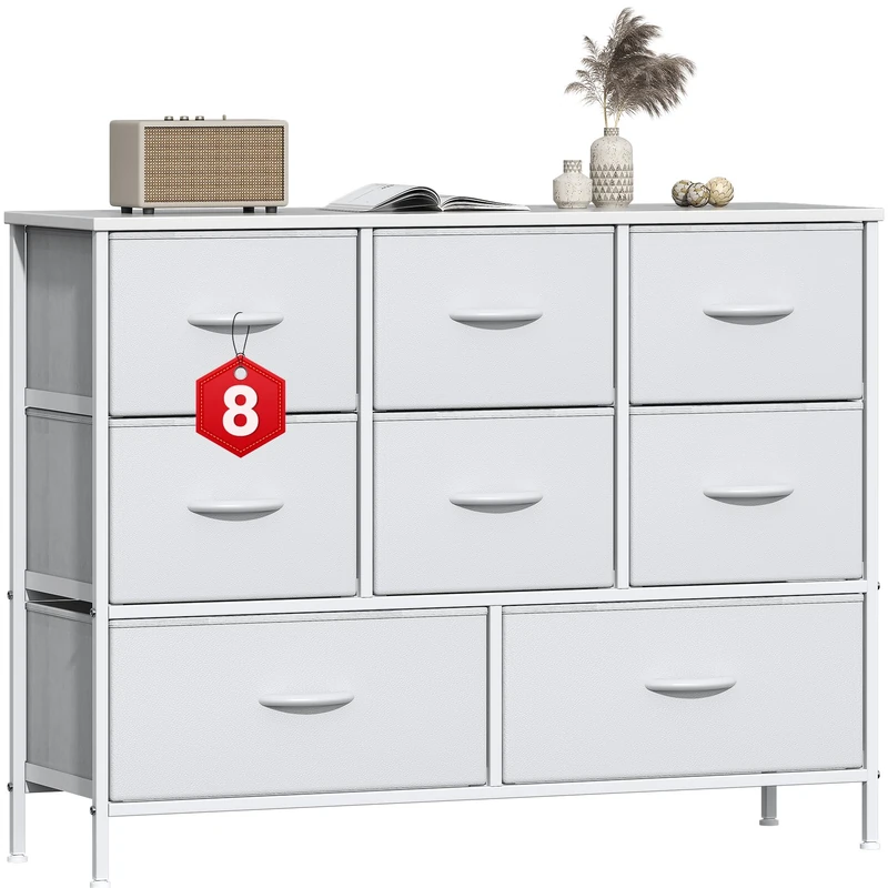 GoaHi Chest of Drawers, Large Dressers with Metal Frame and MDF Wooden Top Board, Adjustable Feet, Anti-Tip Safety, Storage Unit with 8 Drawers for Bedroom, Living Room, Closet, Office White
