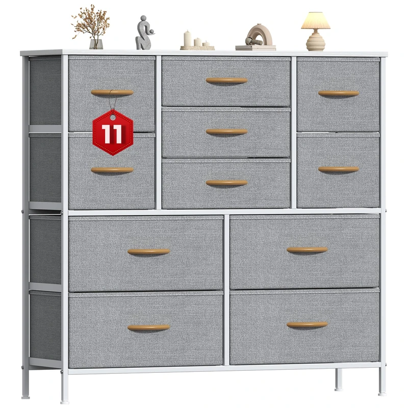 GoaHi Chest of Drawers, Large Dressers with Metal Frame and MDF Wooden Top Board, Adjustable Feet, Anti-Tip Safety, Storage Unit with 11 Drawers for Bedroom, Living Room, Closet, Office Light Gray