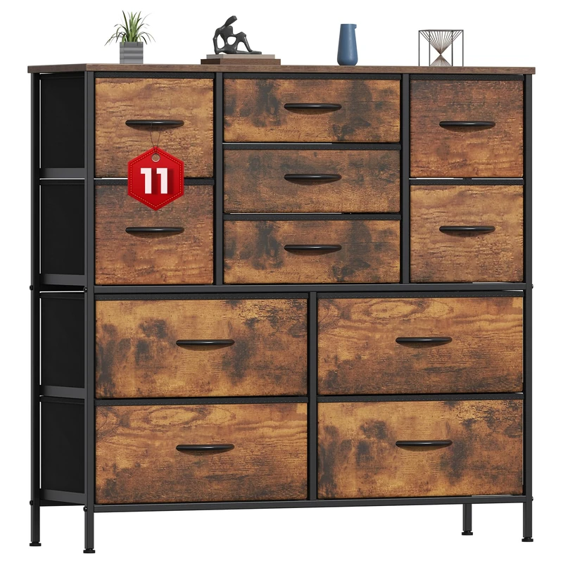 GoaHi Chest of Drawers, Large Dressers with Metal Frame and MDF Wooden Top Board, Adjustable Feet, Anti-Tip Safety, Storage Unit with 11 Drawers for Bedroom, Living Room, Closet, Office