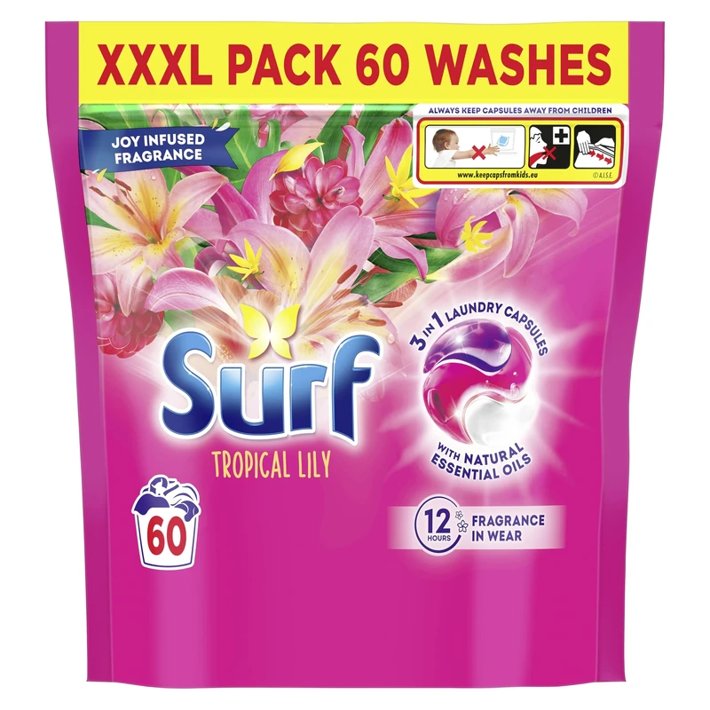 Surf 3 in 1 Tropical Lily Laundry Washing Detergent Capsules joy-infused fragrance with natural essential oils lasting up to 12 hours in wear for brilliantly clean results 60 washes