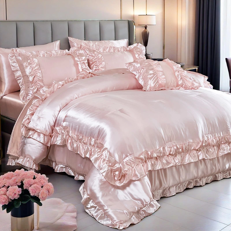 MOVE OVER Silk Like Satin Comforter Set 8 Pieces Silky Bed in a Bag King Size Girls Light Pink Ruffle Comforter Set with Sheet Set Luxury Silk Like Pink Bedroom Comforter Sets for Girls and Women